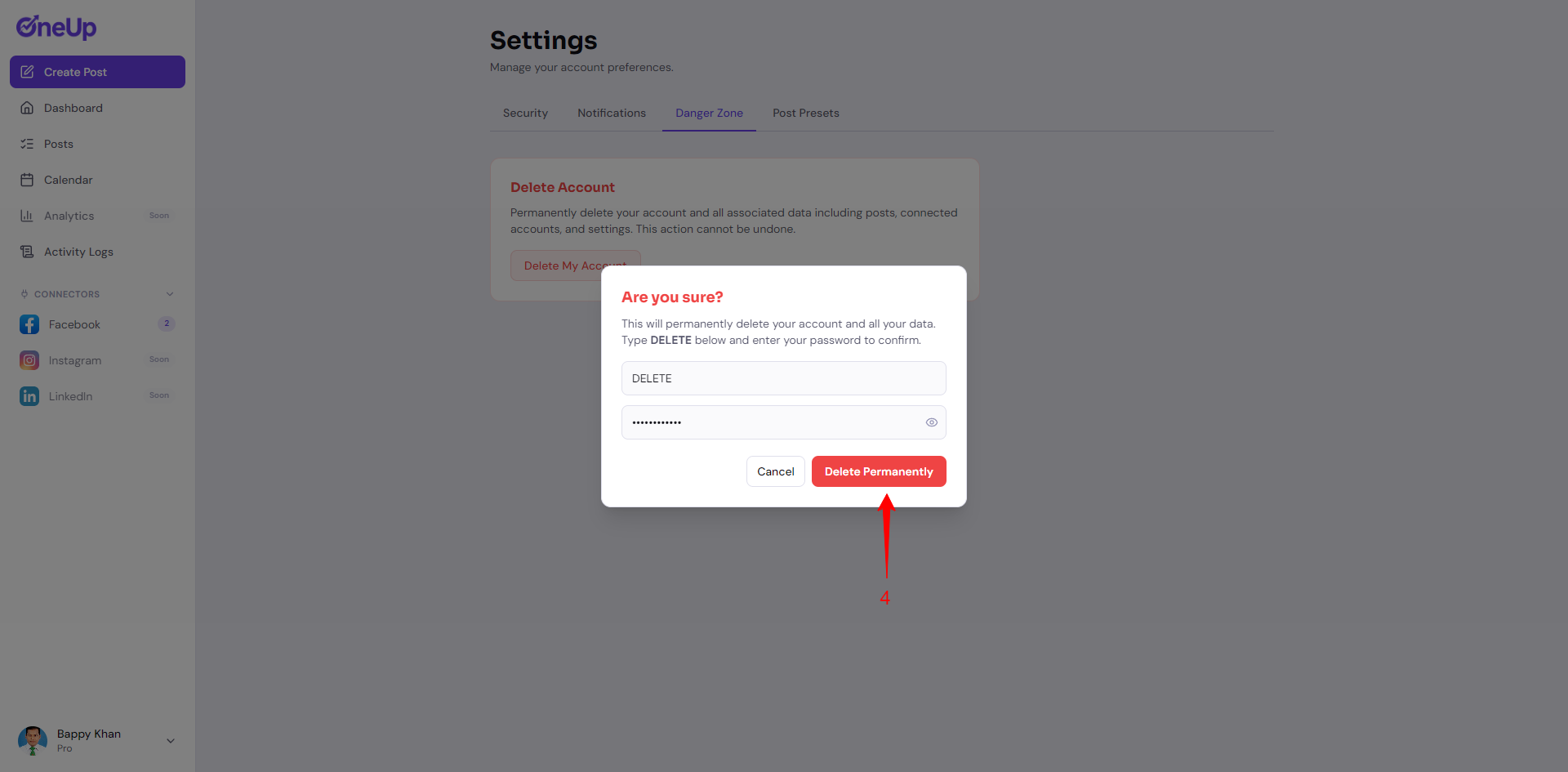 Account deletion confirmation modal with Delete Permanently highlighted