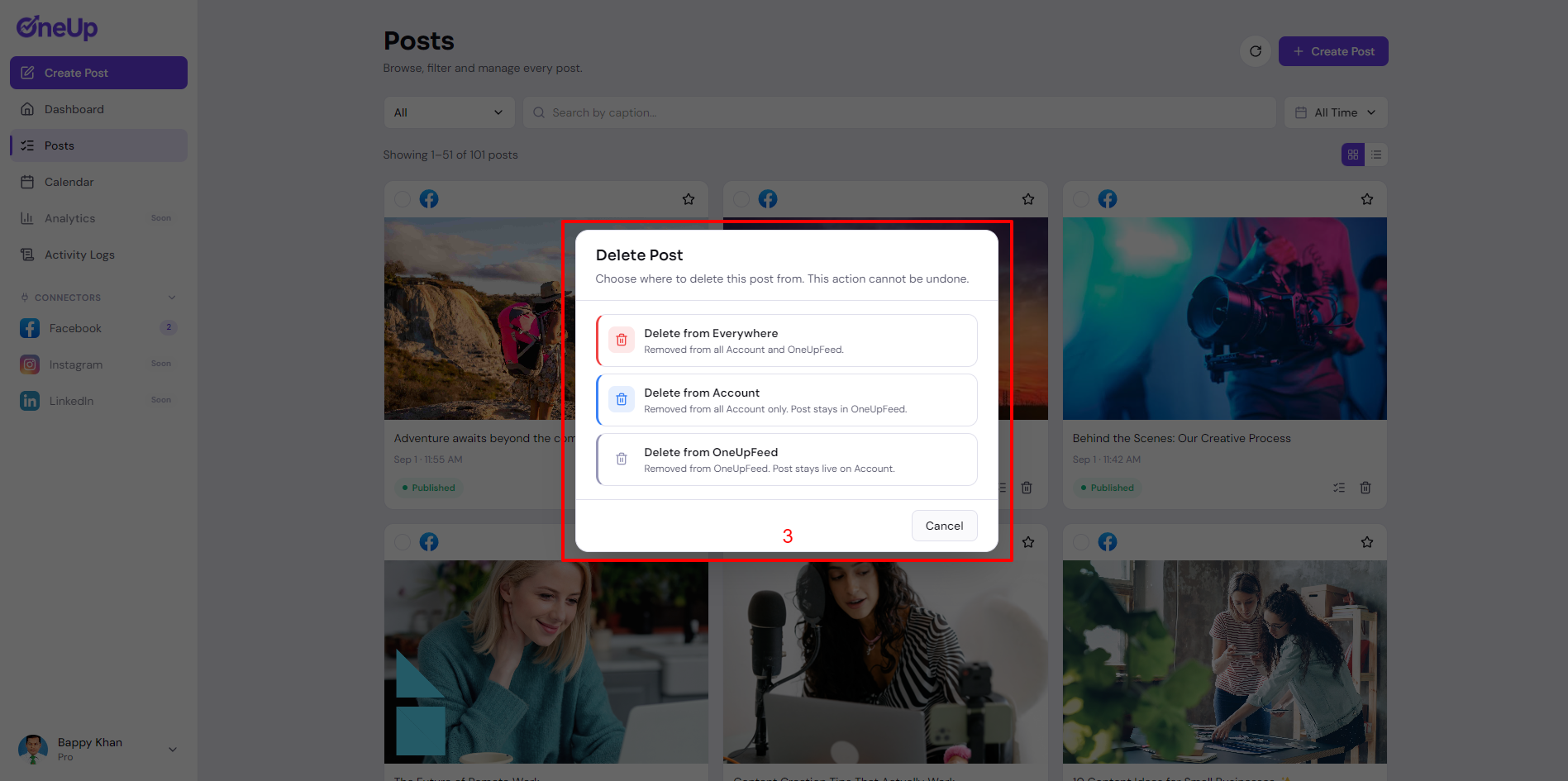 Delete Post modal showing the three deletion options