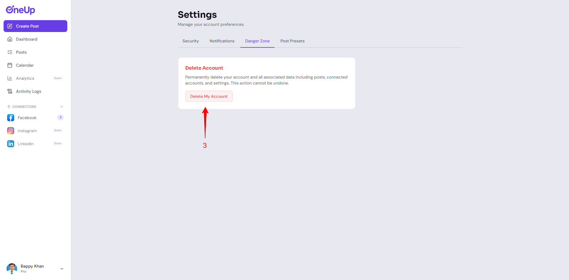 Settings Danger Zone with the Delete My Account button highlighted